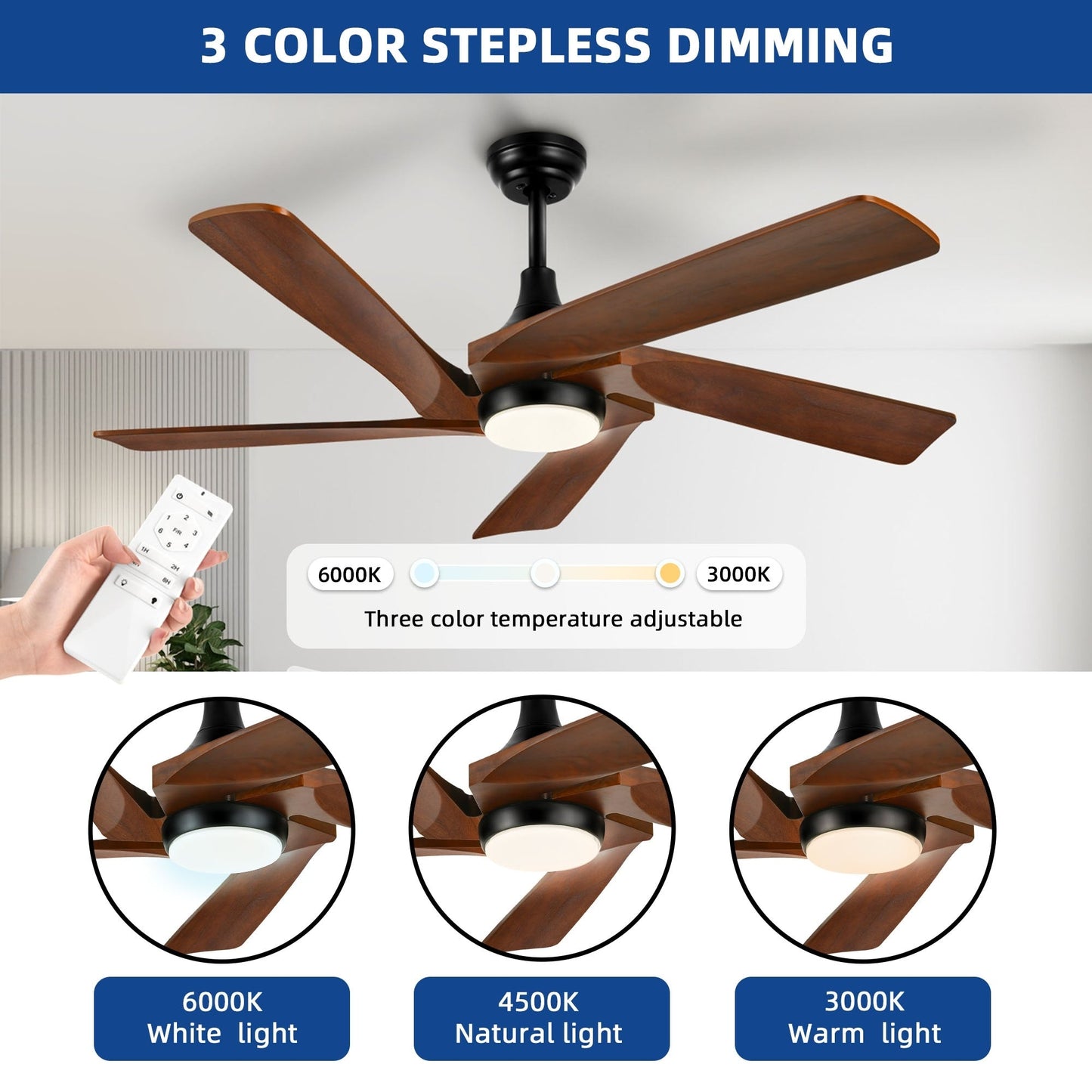 Moasis 52 Modern Remote Control Ceiling Fan with Lights and 5 Solid Wood Blades