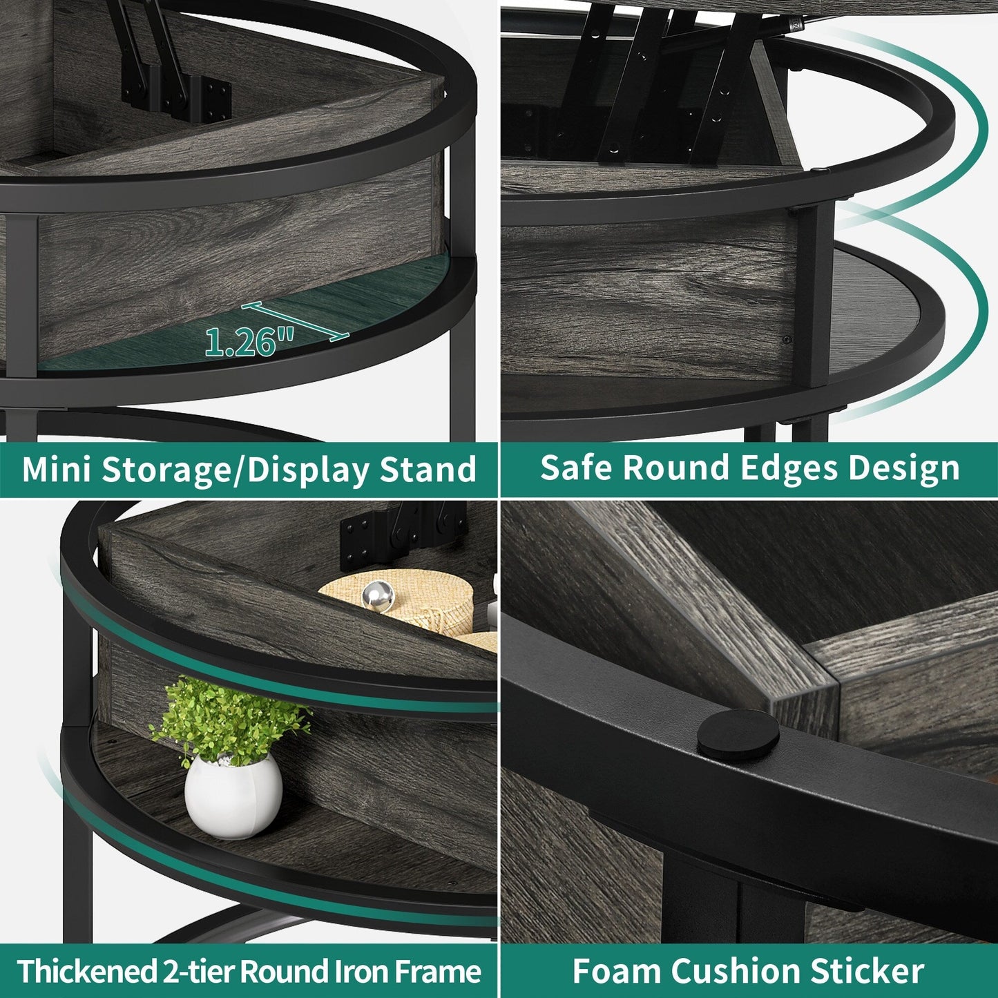 Table basse ronde Moasis avec plateau relevable et rangement dissimulé