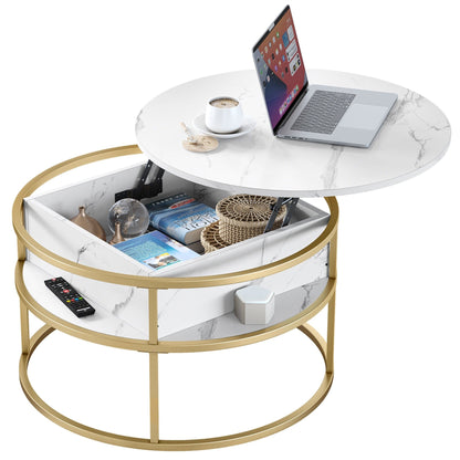Table basse ronde Moasis avec plateau relevable et rangement dissimulé
