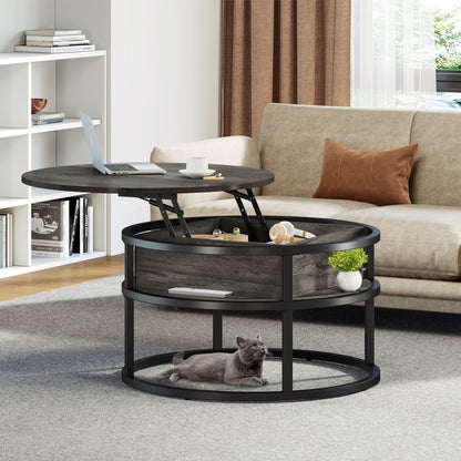 Table basse ronde Moasis avec plateau relevable et rangement dissimulé