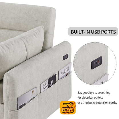 Modern 2 Seat Couch, Microfiber Pull Out Sleep Sofa Bed wih Adjsutable Backrest, Storage Pockets, 2 Soft Pillows, USB Ports