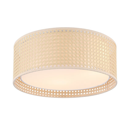 WINGBO Modern 3-Light Flush Mount Ceiling Light Fixture with Rattan & Fabric Double Drum Shade