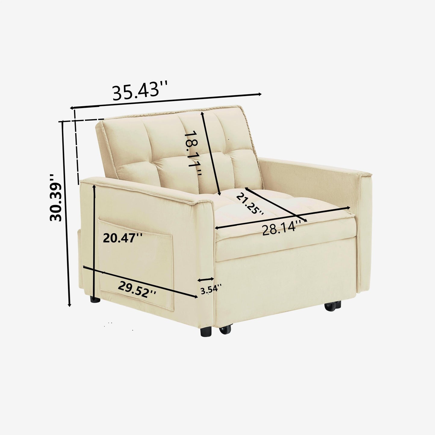 Modern 70.86 3 in 1 Single Convertible Sofa Bed with Adjustable Back and Moving Wheel for Living Room