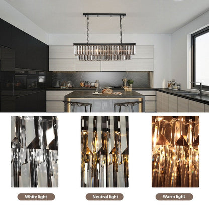 Lustre contemporain en cristal gris fumé et noir de 47 po, luminaire suspendu linéaire à deux niveaux pour îlot de cuisine et salle à manger