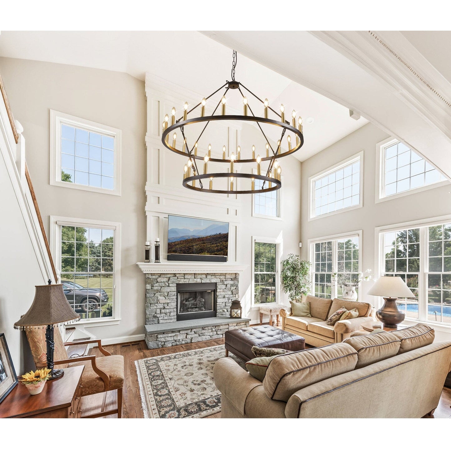 Lustre de ferme moderne à 2 niveaux, lustre rond en forme de roue de chariot, grand plafonnier haut.