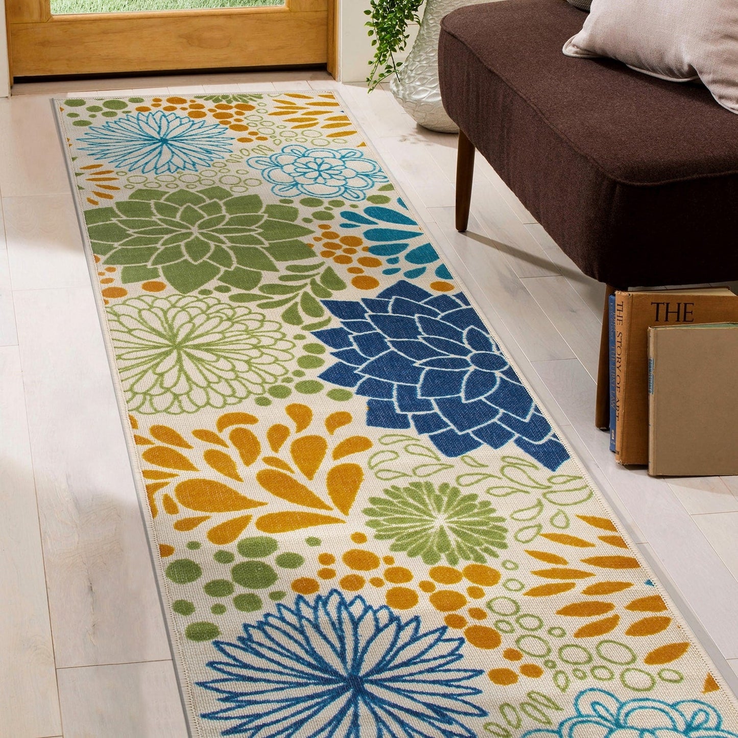 Tapis d'intérieur/extérieur tissé plat à motifs floraux modernes