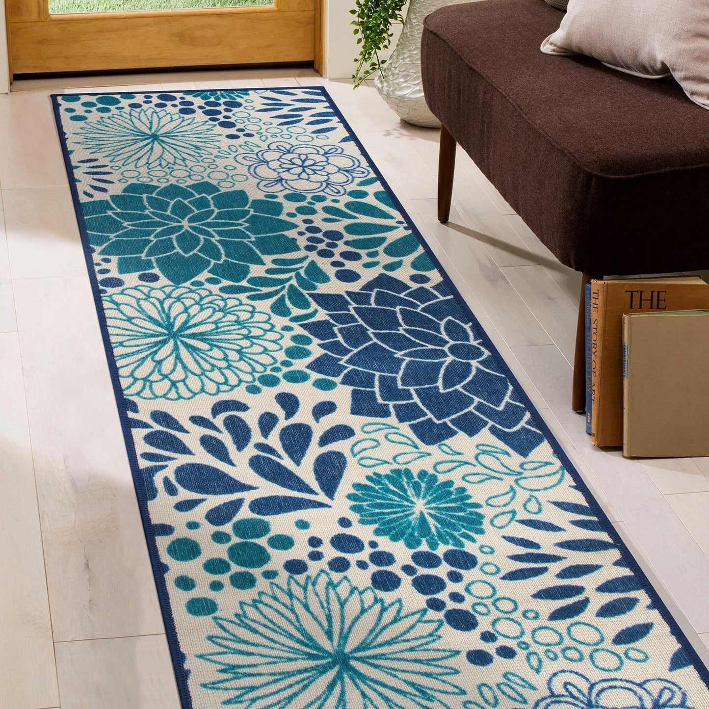 Tapis d'intérieur/extérieur tissé plat à motifs floraux modernes