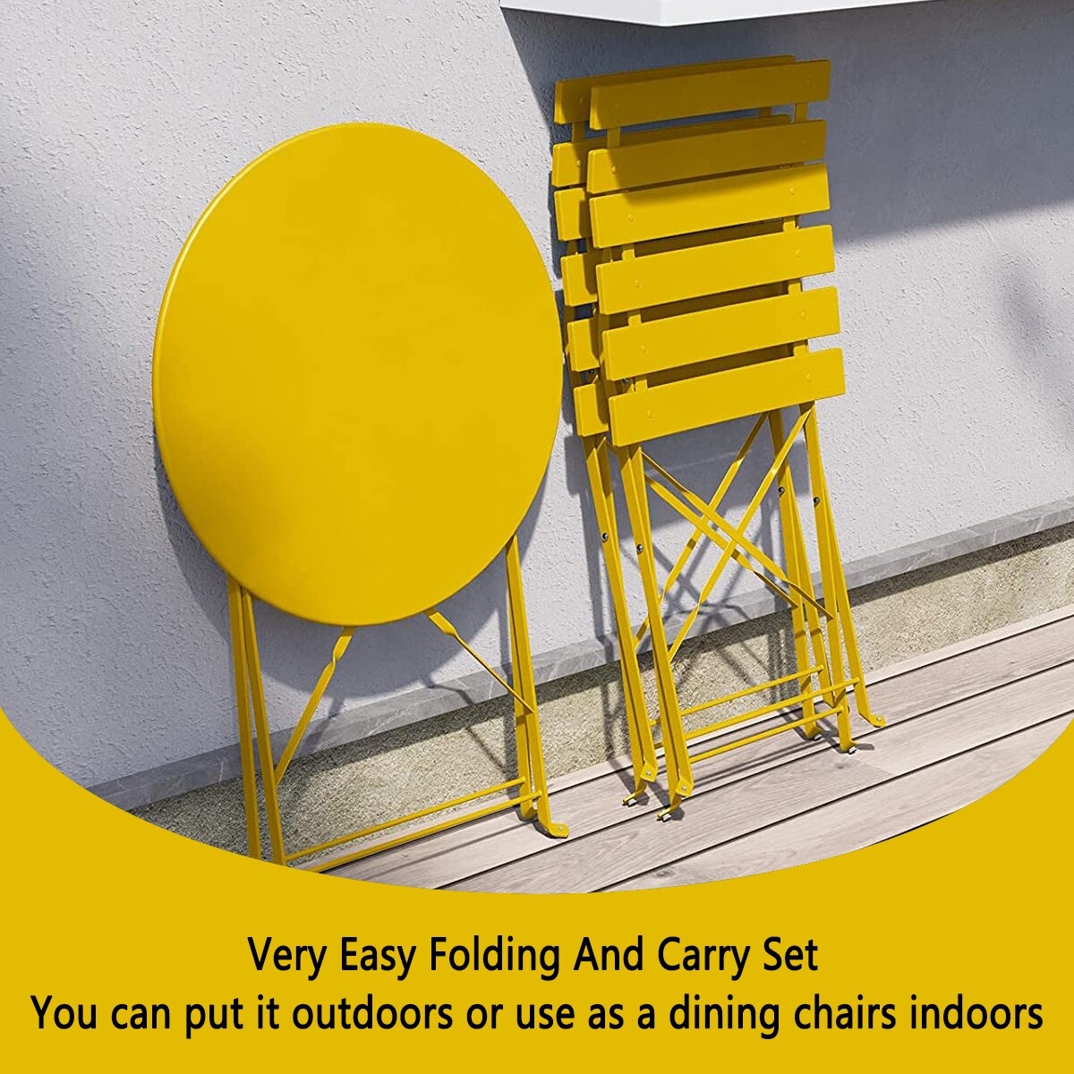 Ensemble bistro pliable en métal 3 pièces, résistant aux intempéries, idéal pour l'intérieur et l'extérieur, avec terrasse, jardin ou cour.