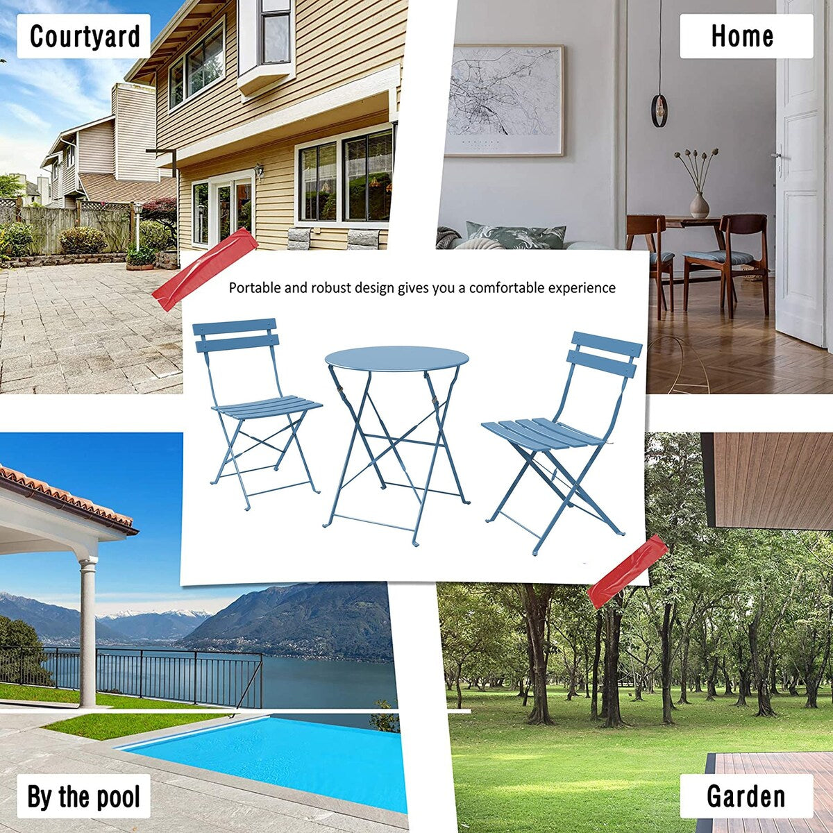 Ensemble bistro pliable en métal 3 pièces, résistant aux intempéries, idéal pour l'intérieur et l'extérieur, avec terrasse, jardin ou cour.