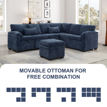Modern L-Shaped Chenille Sectional Sofa with Pull-Out Sleeper, Storage Seats, Ottoman and 2 Pillows for Living Room
