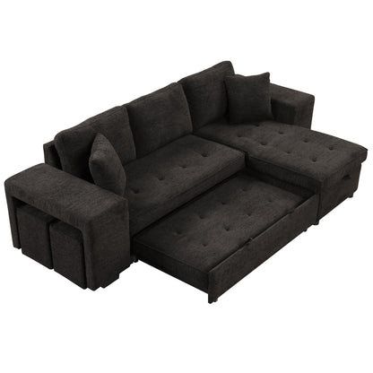 Modern L-Shaped Pull-Out Sectional Sofa Bed with Reversible Chaise, Storage and 2 Stools for Living Room Apartment
