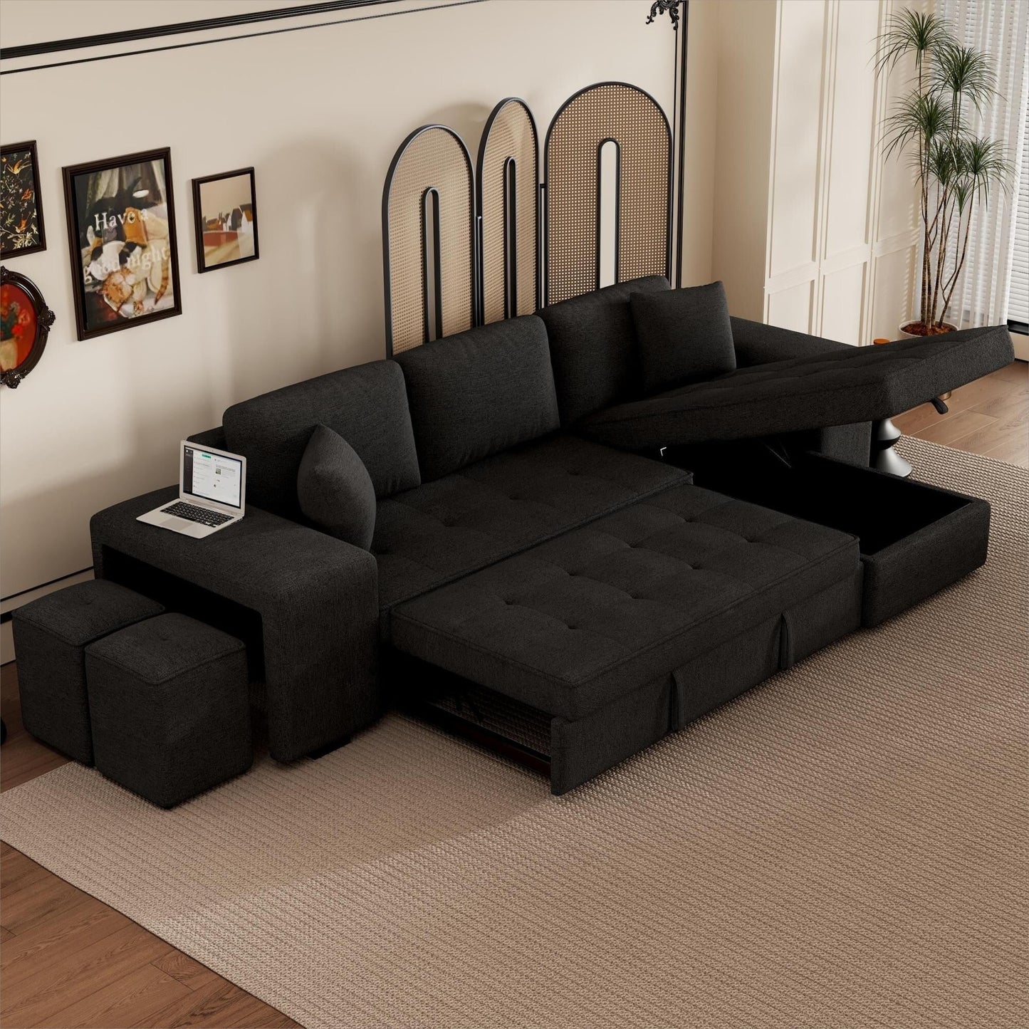Modern L-Shaped Pull-Out Sectional Sofa Bed with Reversible Chaise, Storage and 2 Stools for Living Room Apartment