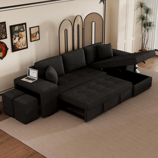 Modern L-Shaped Pull-Out Sectional Sofa Bed with Reversible Chaise, Storage and 2 Stools for Living Room Apartment