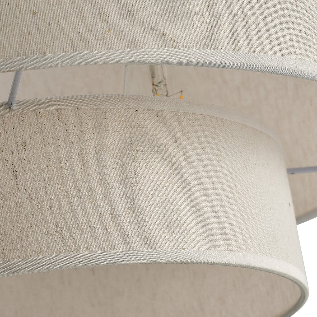 Suspension tambour moderne blanc cassé avec abat-jour en lin à deux niveaux