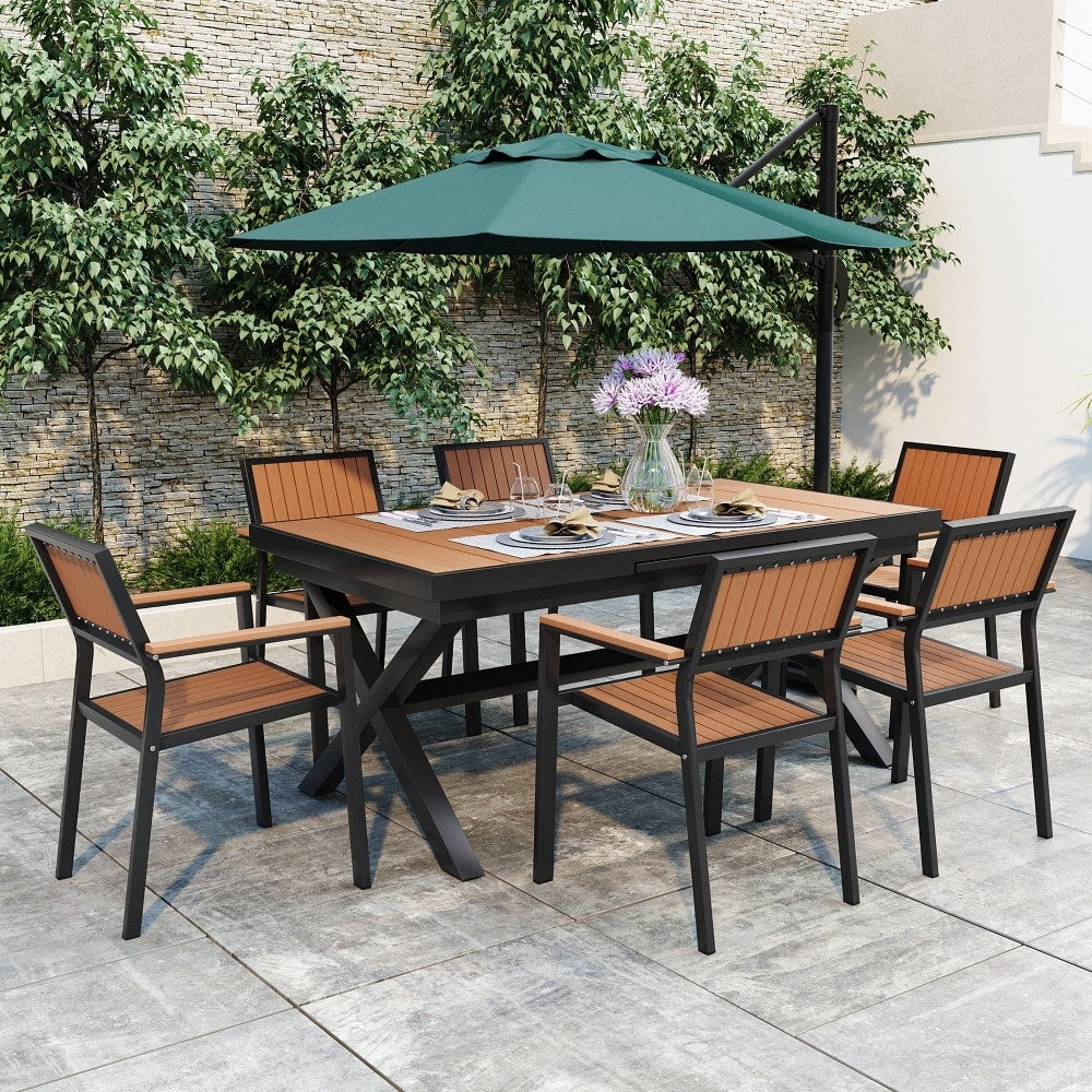 Modern Outdoor 7-piece Dining Set with Six Chairs and a Extendable Table for Patio
