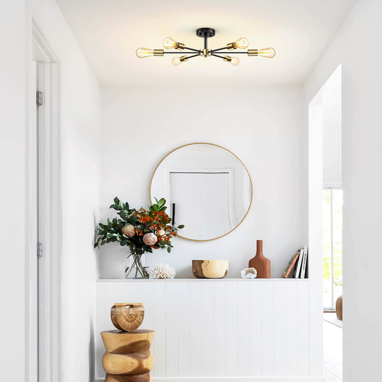 Black/ Gold Sputnik Semi Flush Mount Lamp Close to Ceiling Light Fixture for Living Room/ Kitchen/ Office/ Bedroom/ Foyer