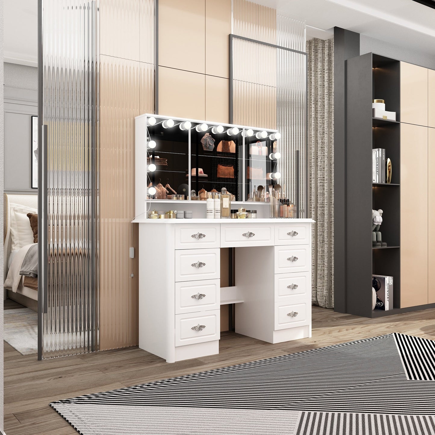 Miroir de maquillage pliable blanc moderne avec éclairage réglable - 40,2 x 54,1