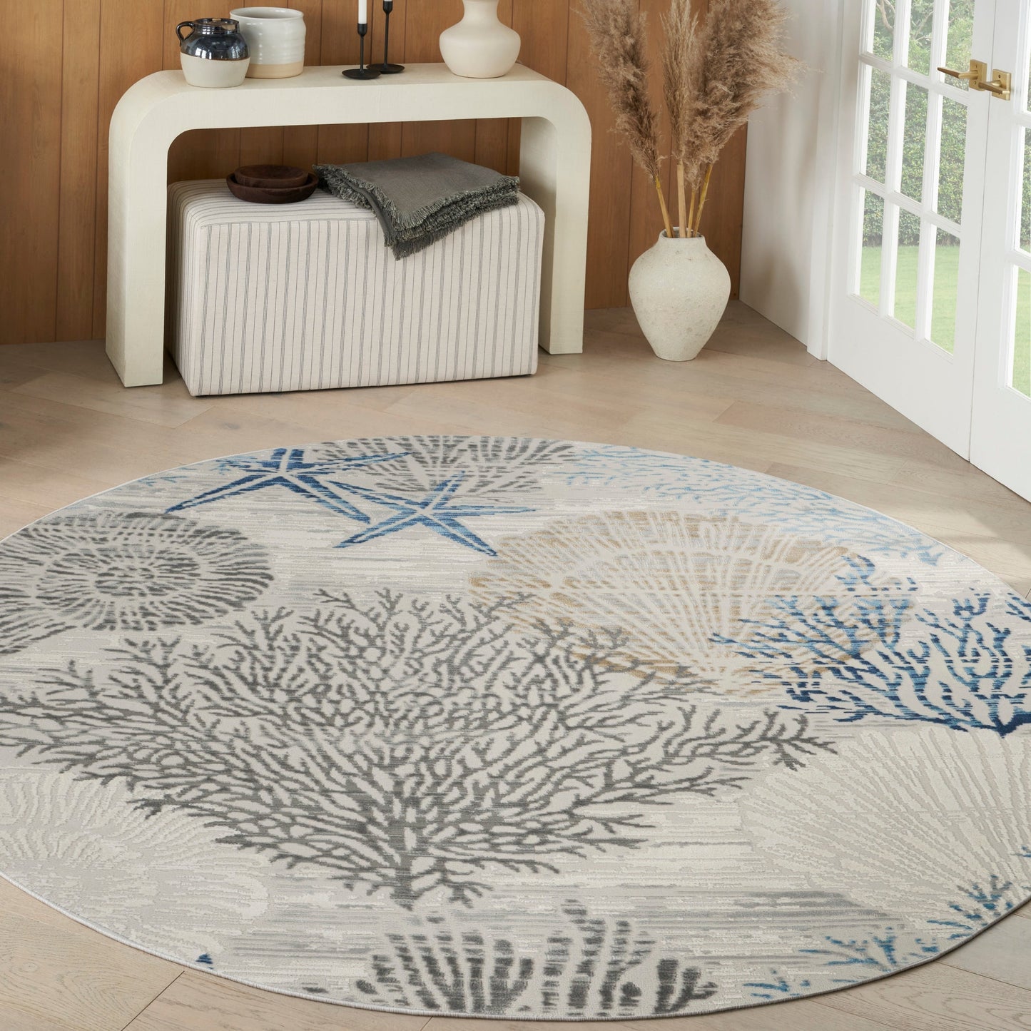 Tapis Nourison Pompéi, motif coquillages et coraux, idéal pour la plage côtière