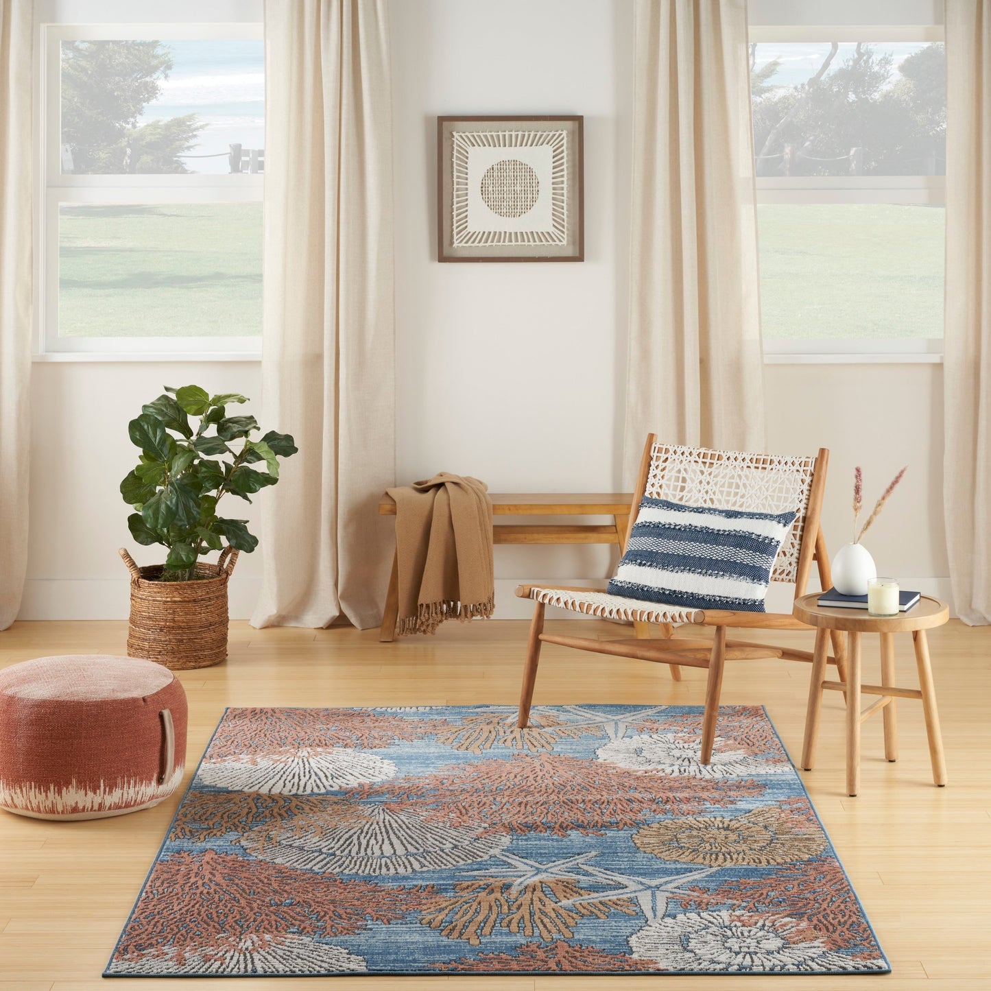 Tapis Nourison Pompéi, motif coquillages et coraux, idéal pour la plage côtière