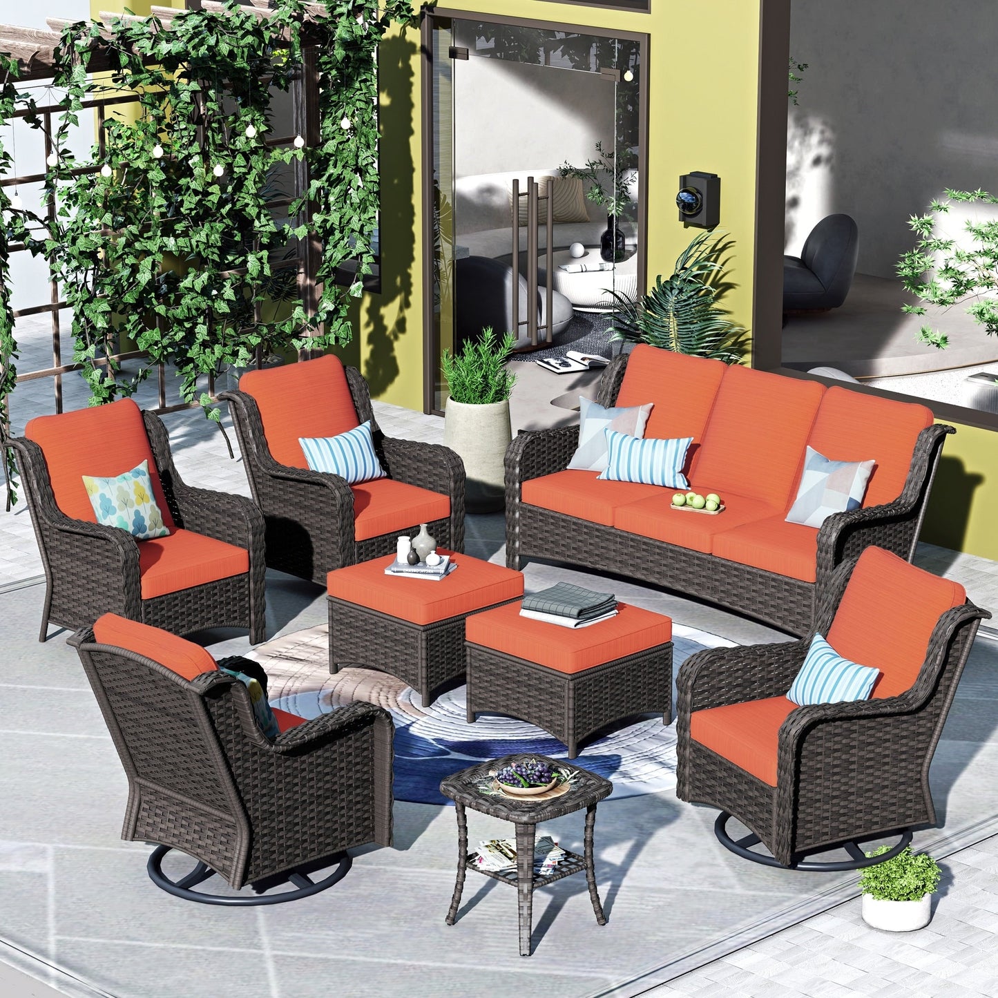 Ensemble de 8 chaises pivotantes en osier pour patio OVIOS