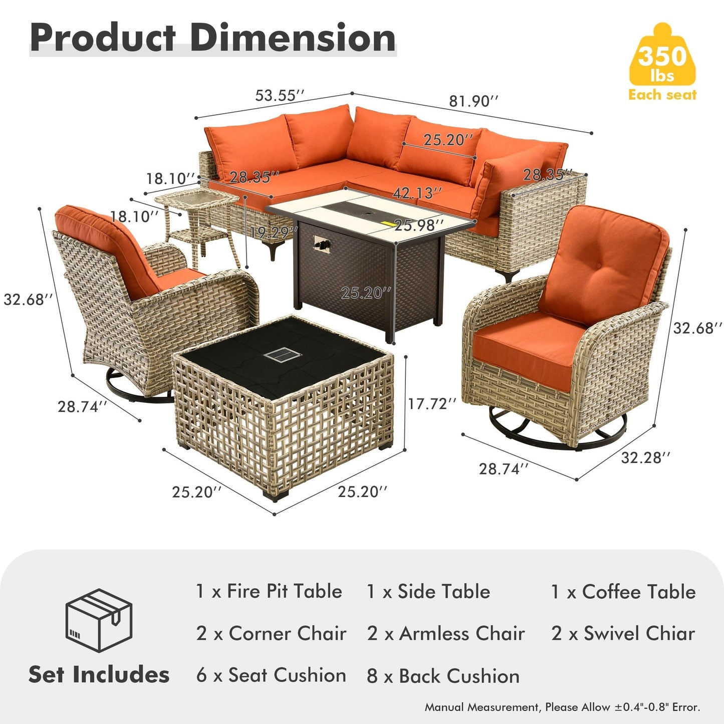 OVIOS 9 Pieces Outdoor Wicker Swivel Chair Set With Fire Table