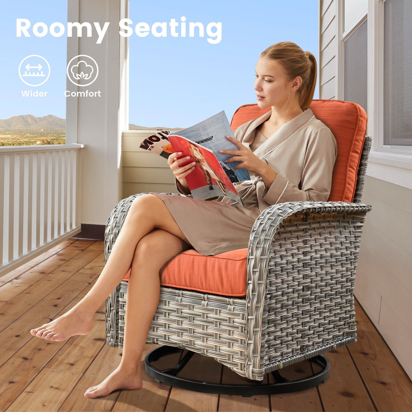 OVIOS 9 Pieces Outdoor Wicker Swivel Chair Set With Fire Table