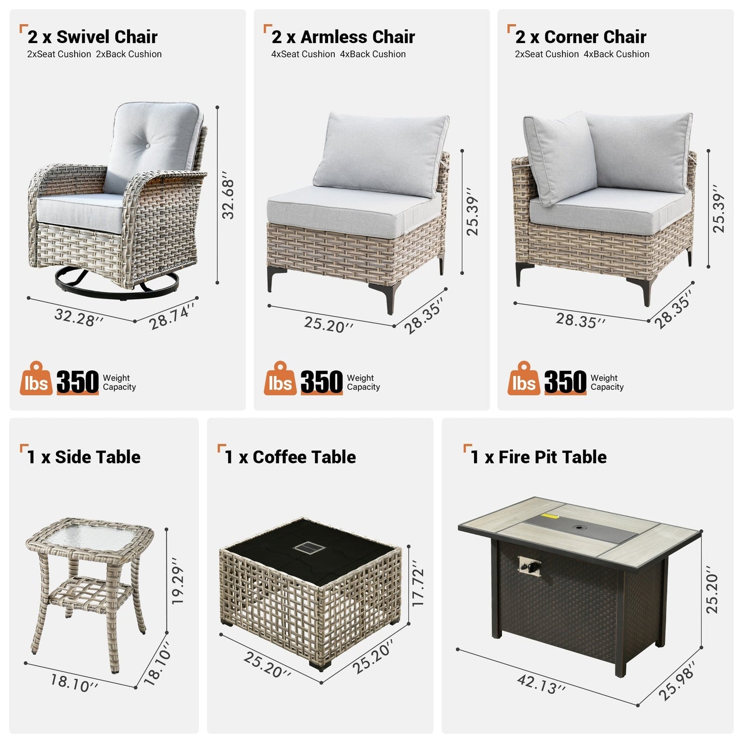 OVIOS 9 Pieces Outdoor Wicker Swivel Chair Set With Fire Table