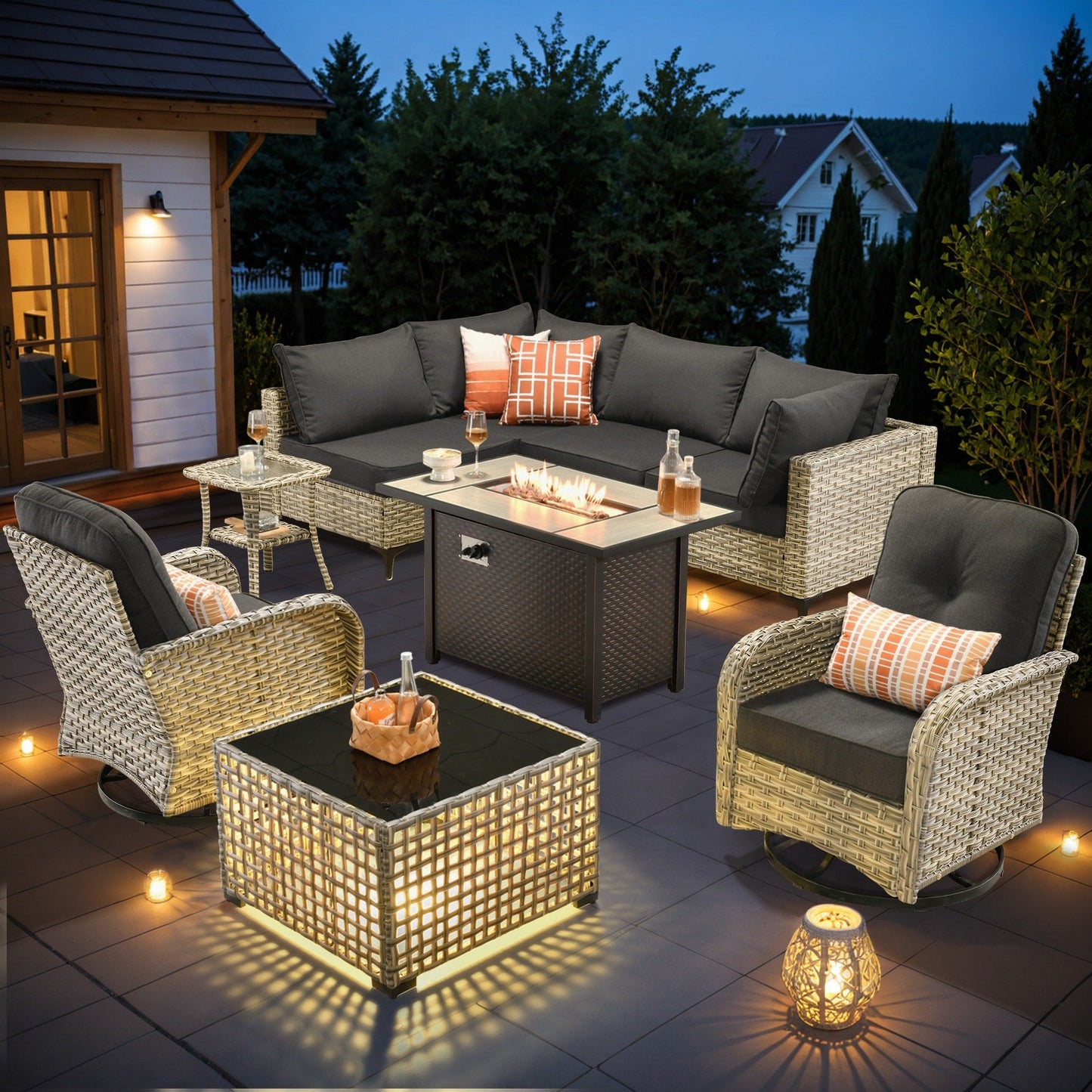 OVIOS 9 Pieces Outdoor Wicker Swivel Chair Set With Fire Table
