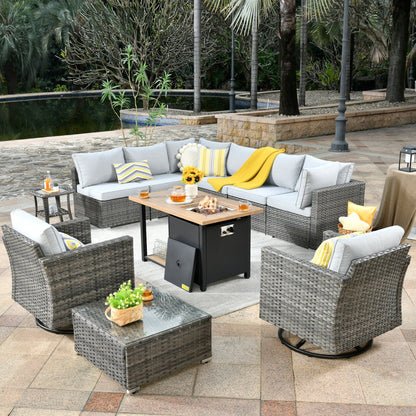 OVIOS Deep Seat Wicker 11-piece Sectional Set Swivel Chairs Fire Pit