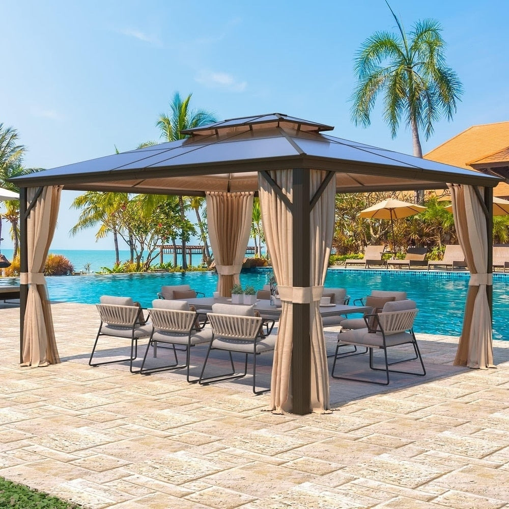 Gazebo à toit rigide EROMMY, pergola d'extérieur avec double toit, filet et rideaux, auvent robuste pour patio, arrière-cour, fête au bord de la piscine