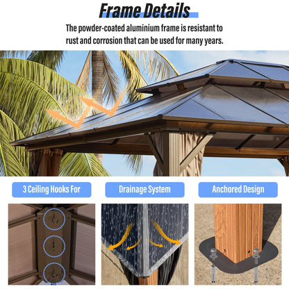 Gazebo à toit rigide EROMMY, pergola d'extérieur avec double toit, filet et rideaux, auvent robuste pour patio, arrière-cour, fête au bord de la piscine