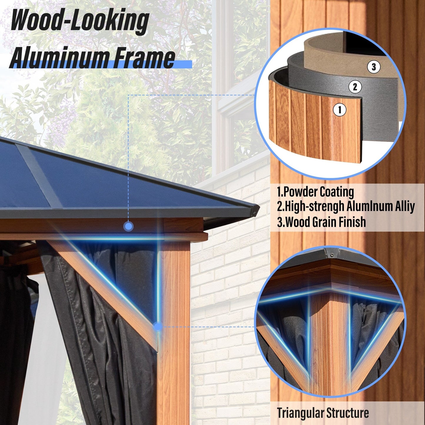 Gazebo à toit rigide EROMMY, pergola d'extérieur avec double toit, filet et rideaux, auvent robuste pour patio, arrière-cour, fête au bord de la piscine