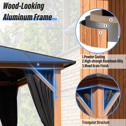 Gazebo à toit rigide EROMMY, pergola d'extérieur avec double toit, filet et rideaux, auvent robuste pour patio, arrière-cour, fête au bord de la piscine