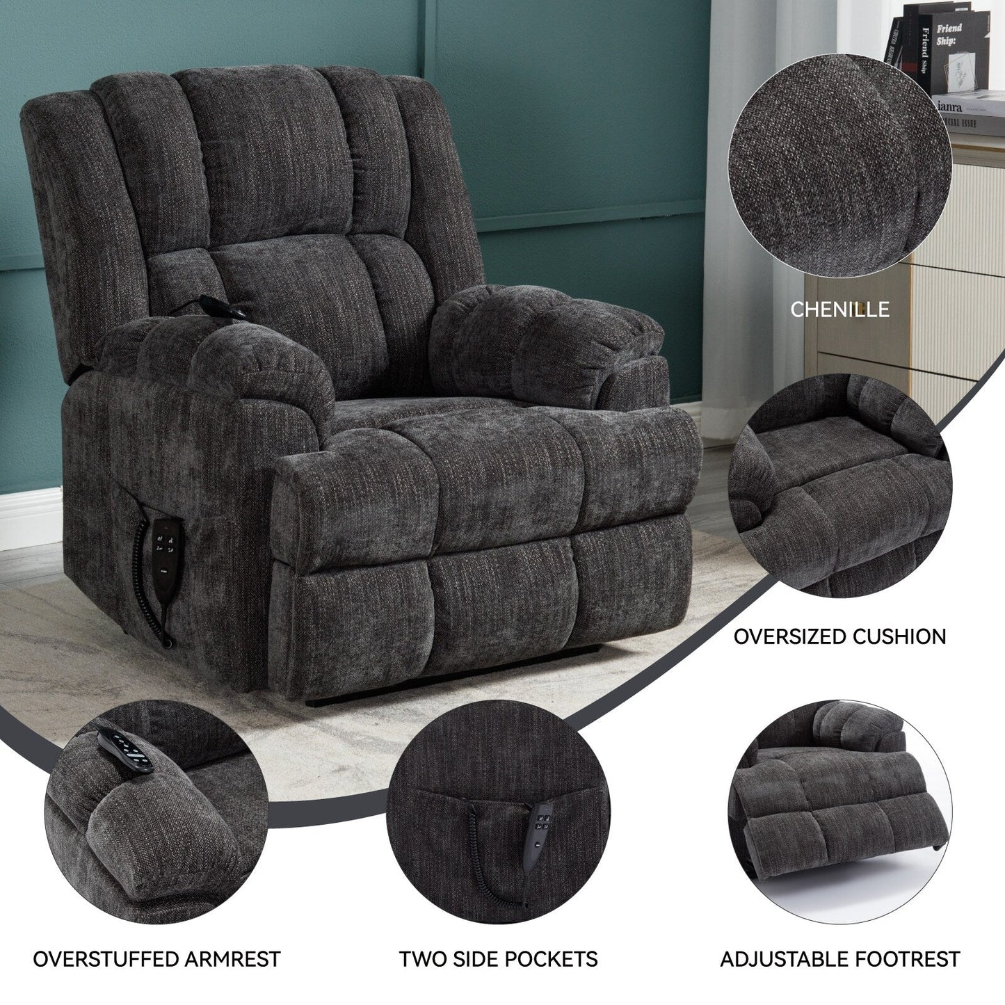 Oversized Chenille Power Lift Recliner Chair with Massage and Lumbar Heating, Infinite Position Reclining