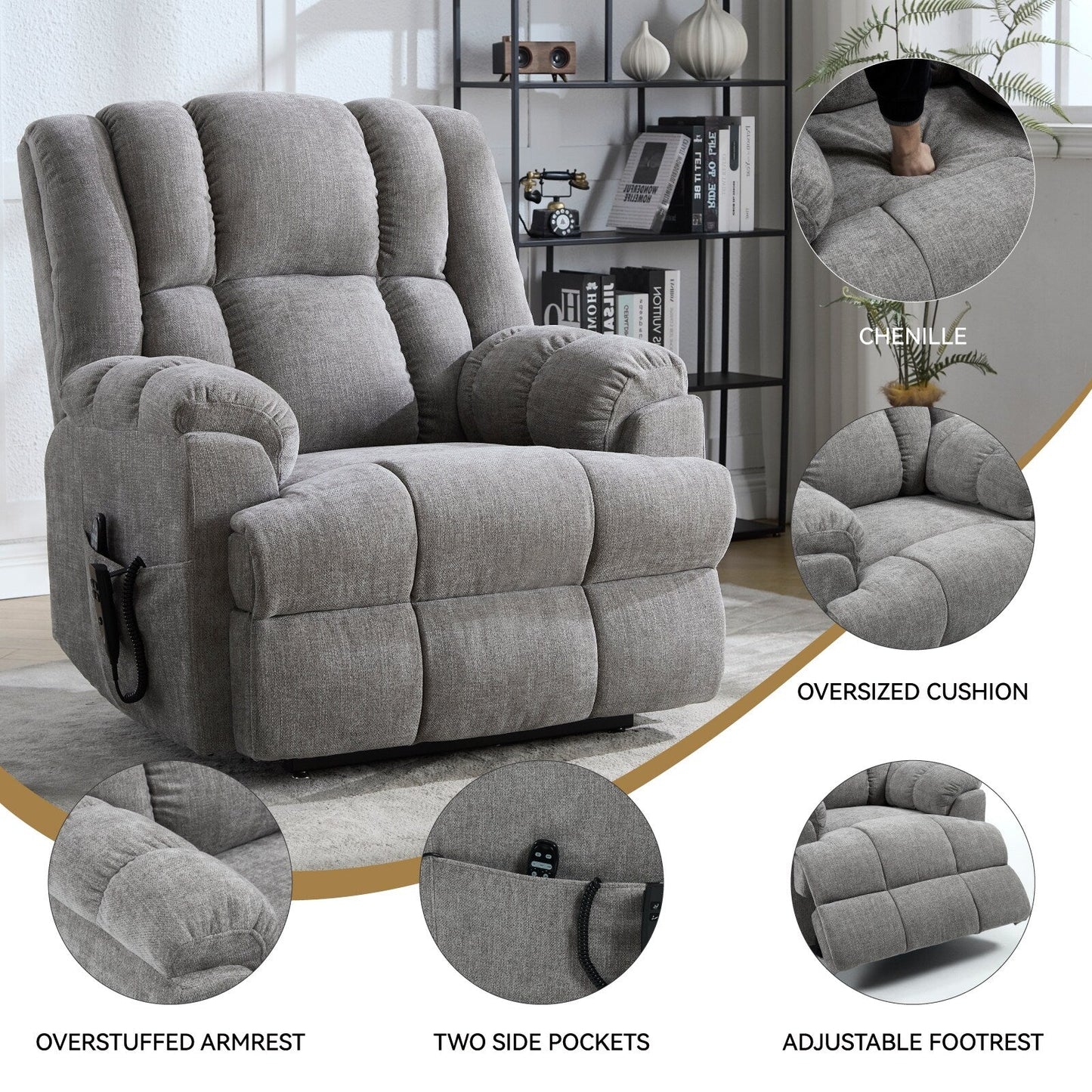 Oversized Chenille Power Lift Recliner Chair with Massage and Lumbar Heating, Infinite Position Reclining