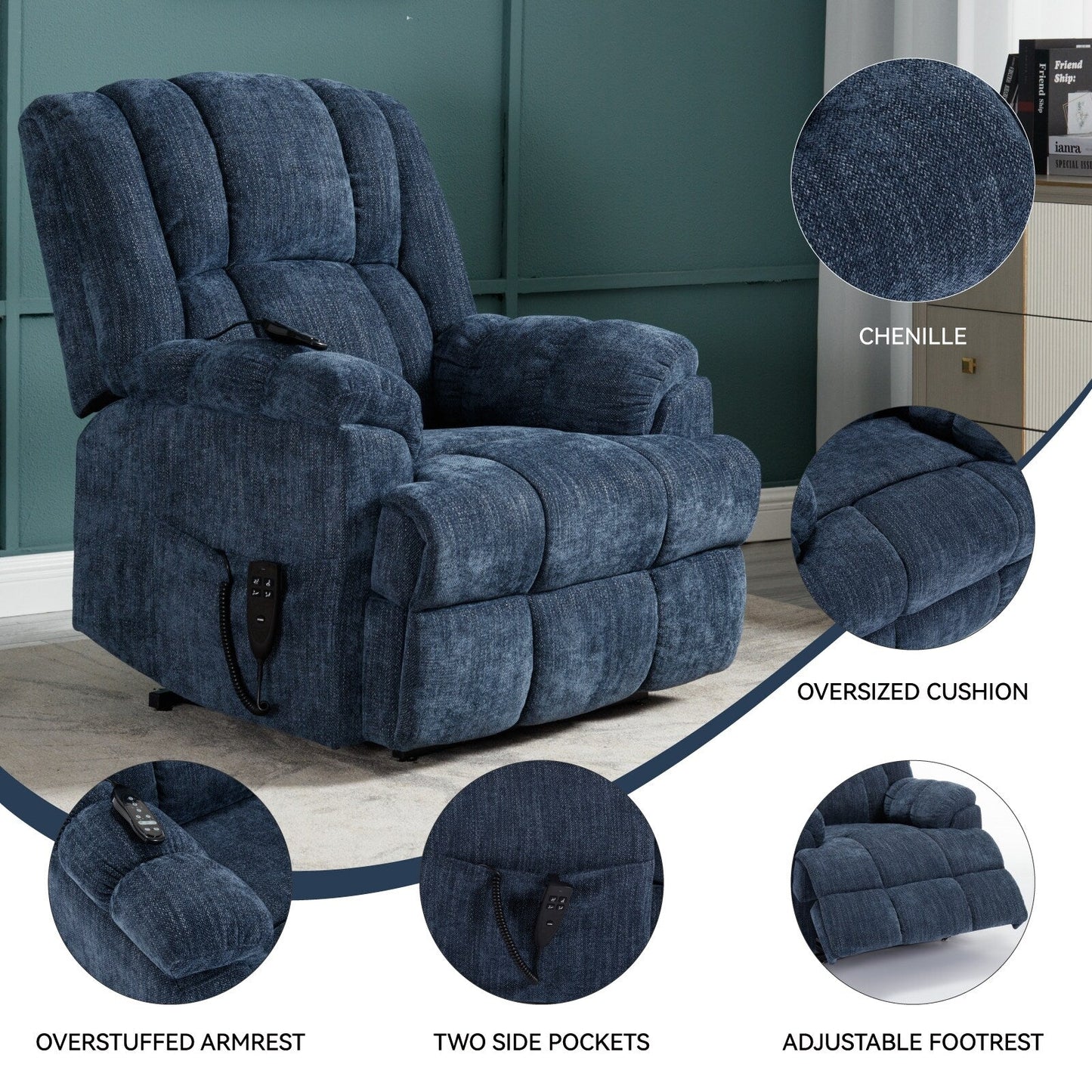 Oversized Chenille Power Lift Recliner Chair with Massage and Lumbar Heating, Infinite Position Reclining