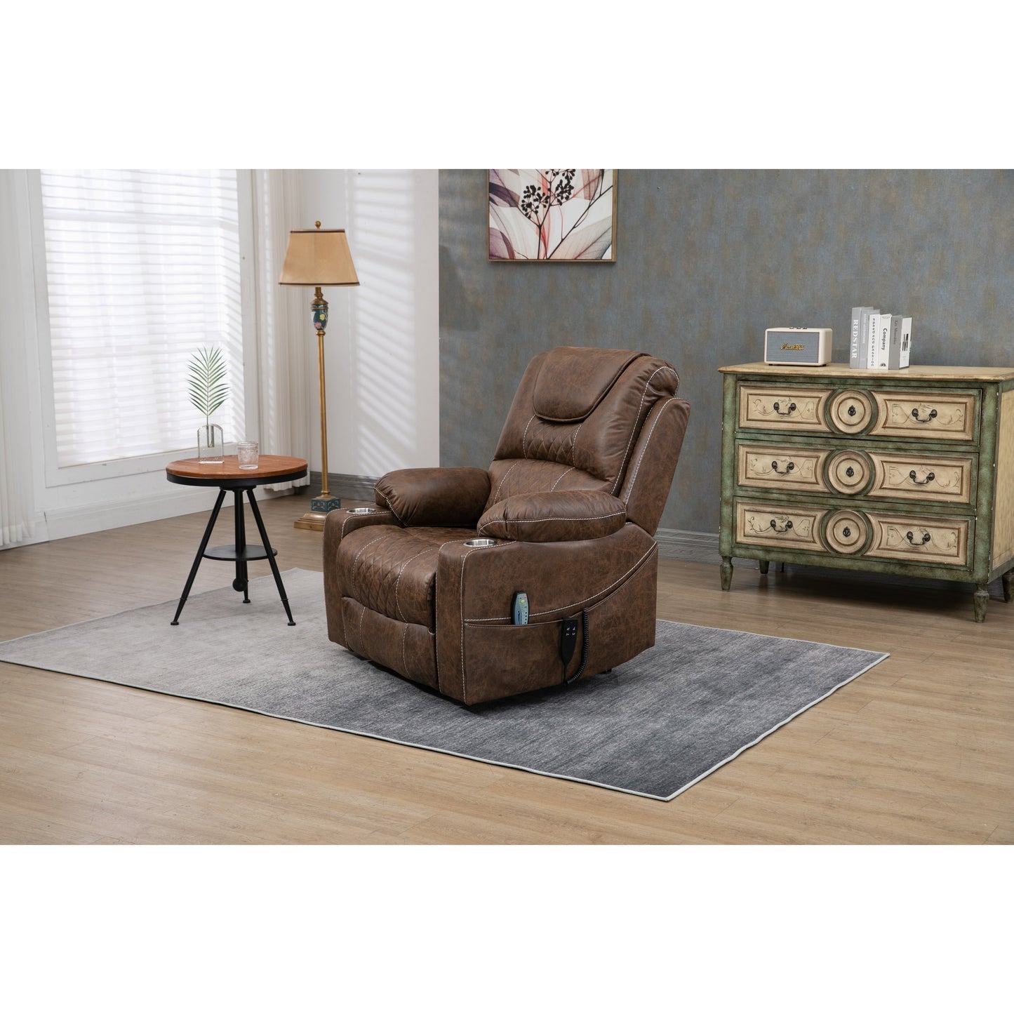Oversized PU Leather Power Lift Recliner with Massage, Lumbar Heating, Cup Holder, 180° Flat Lay