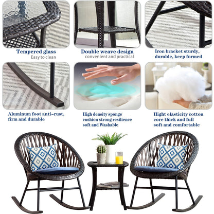OVIOS 3-piece Patio Rocking Chair Bistro Set with Glass Coffee Table
