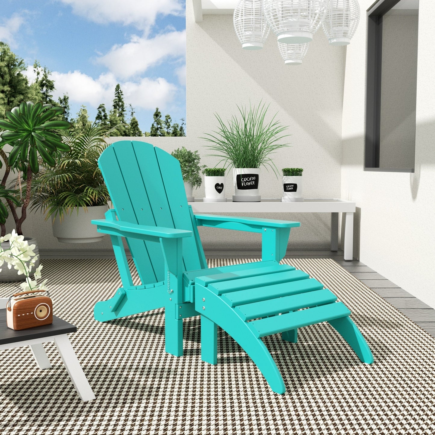Chaise Adirondack pliable Polytrends Laguna en PEHD pour terrasse extérieure toutes saisons avec pouf (ensemble 2 pièces)