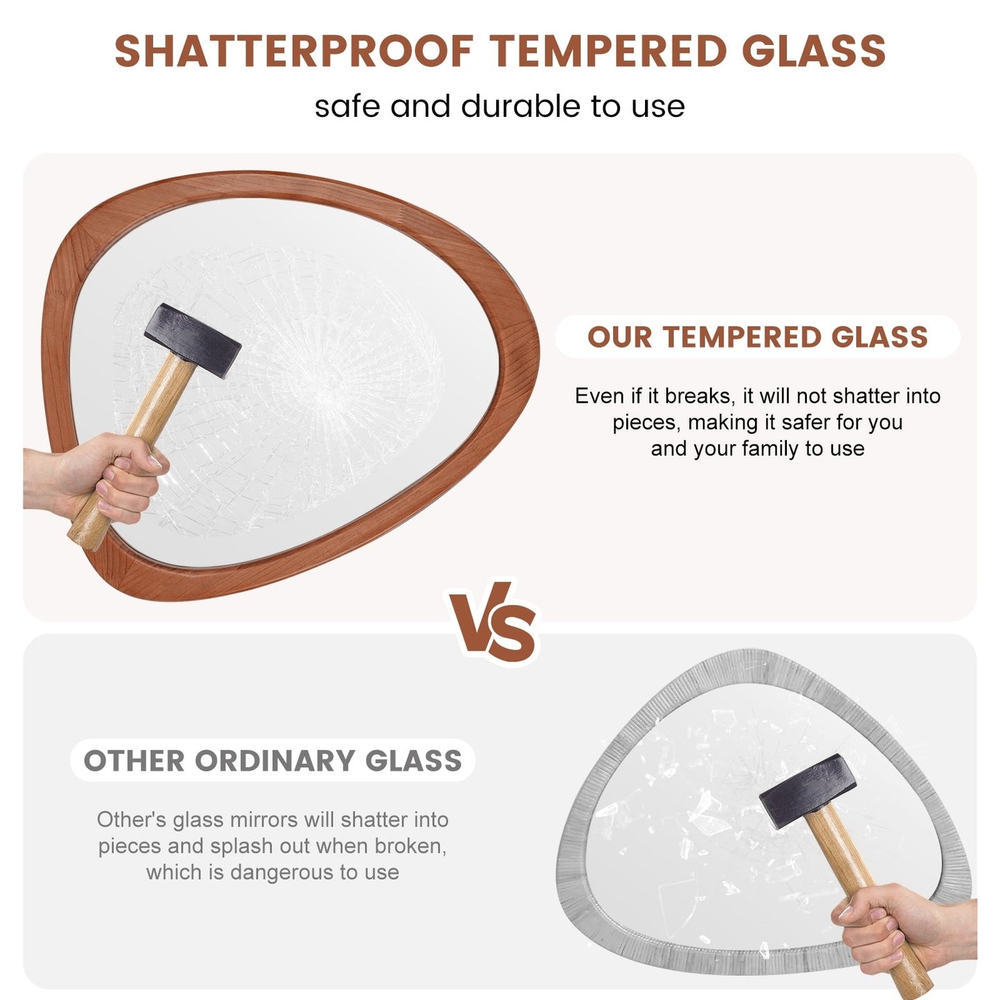 Miroir mural asymétrique en forme de pavé avec cadre en pin