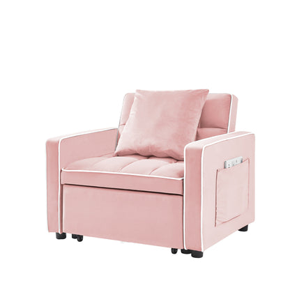 Pink Velvet Single Sofa Bed with Adjustable Back