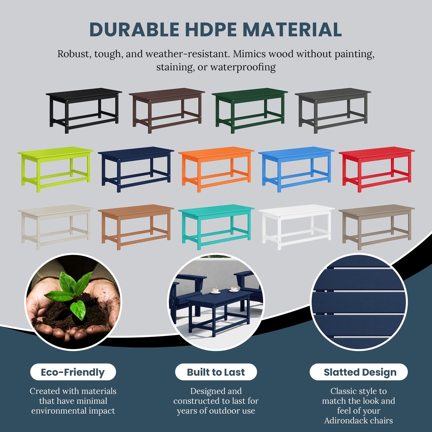 Table basse rectangulaire d'extérieur Polytrends Laguna en PEHD, résistante aux intempéries