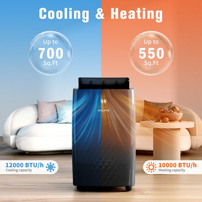 Climatiseur portatif avec chauffage – 12 000 BTU de refroidissement et 10 000 BTU de chauffage pour pièces jusqu'à 700 pi²