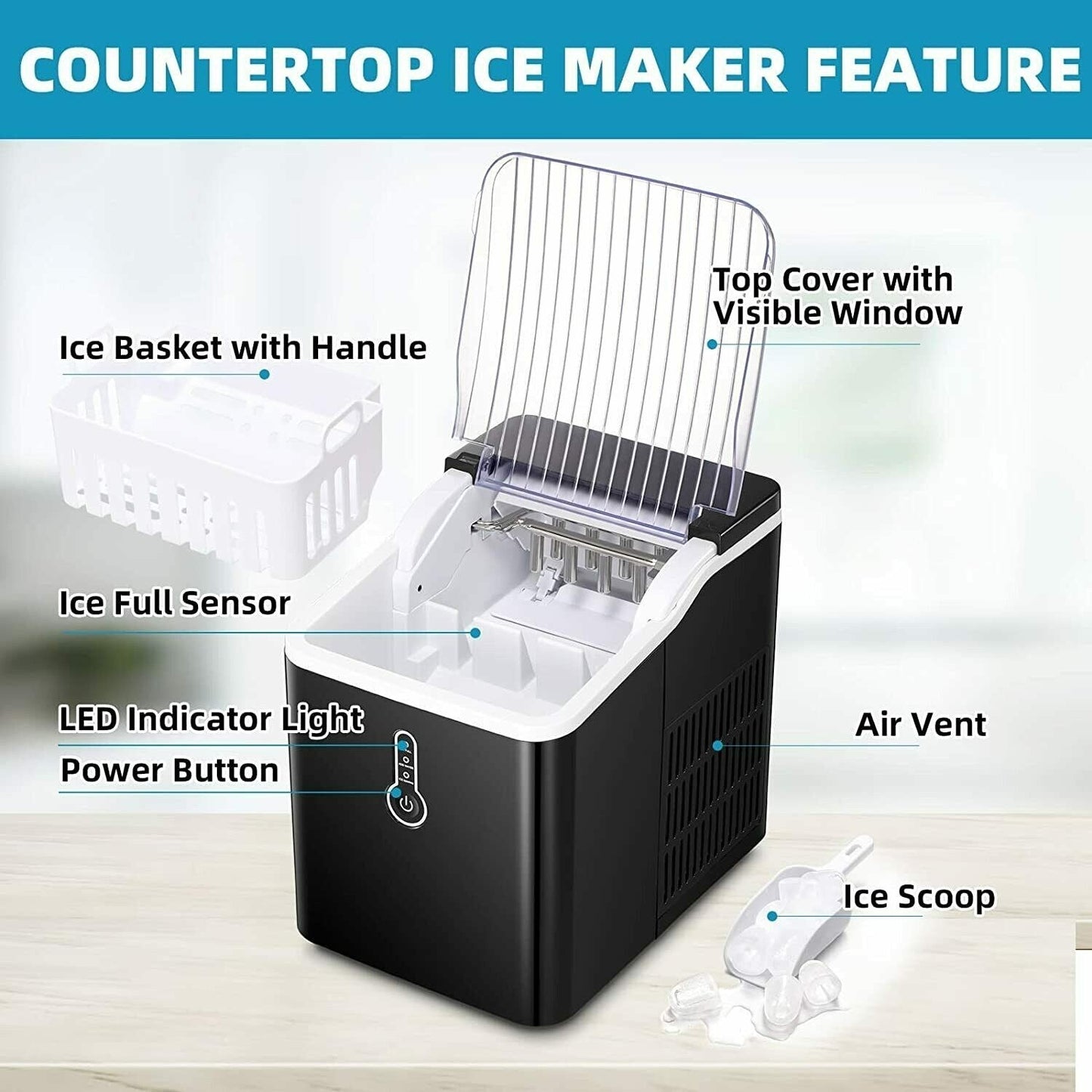 Portable Countertop Ice Maker Machine，26Lbs/24H， Self-Cleaning Home, Low Noise