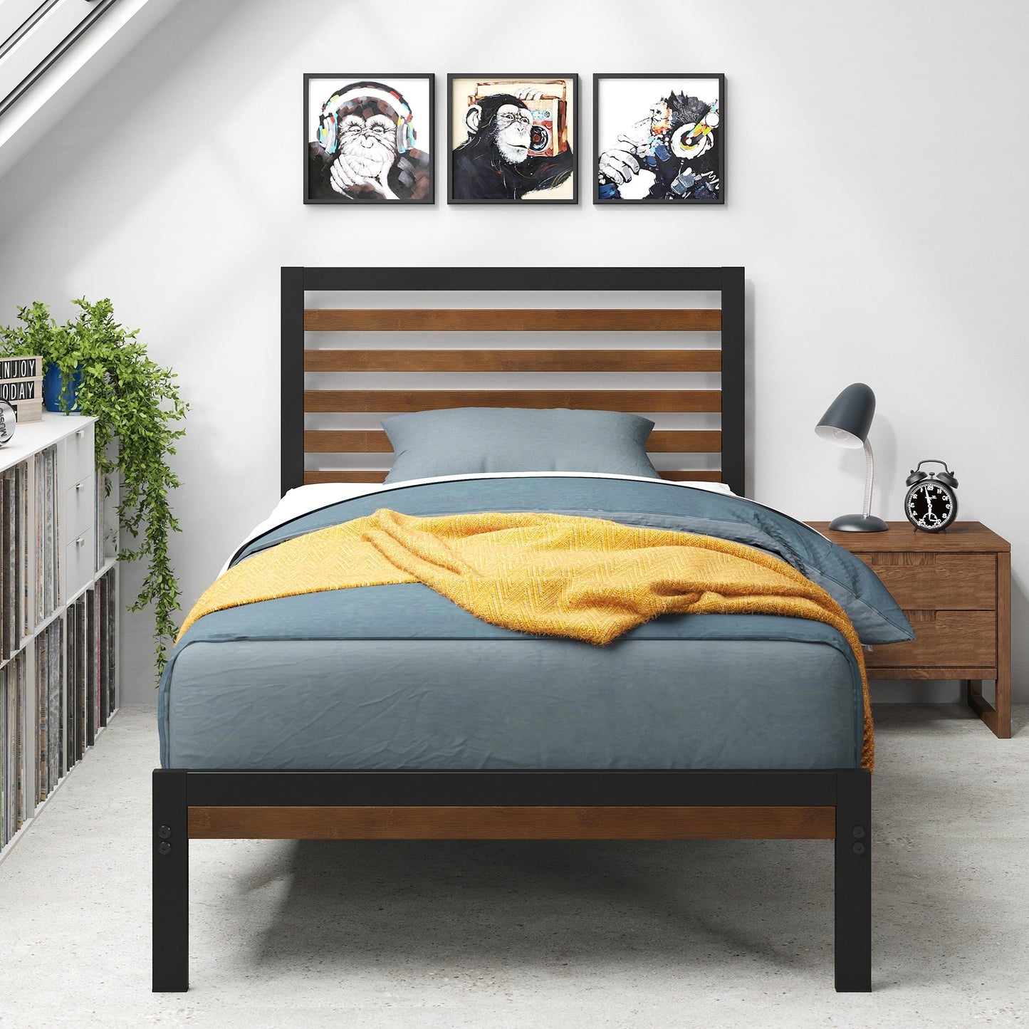 Priage by ZINUS Brown Bamboo and Metal Platform Bed Frame