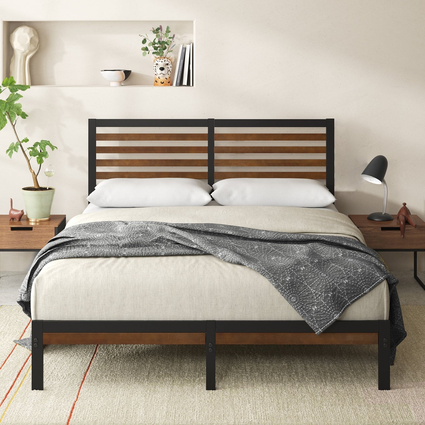 Priage by ZINUS Brown Bamboo and Metal Platform Bed Frame