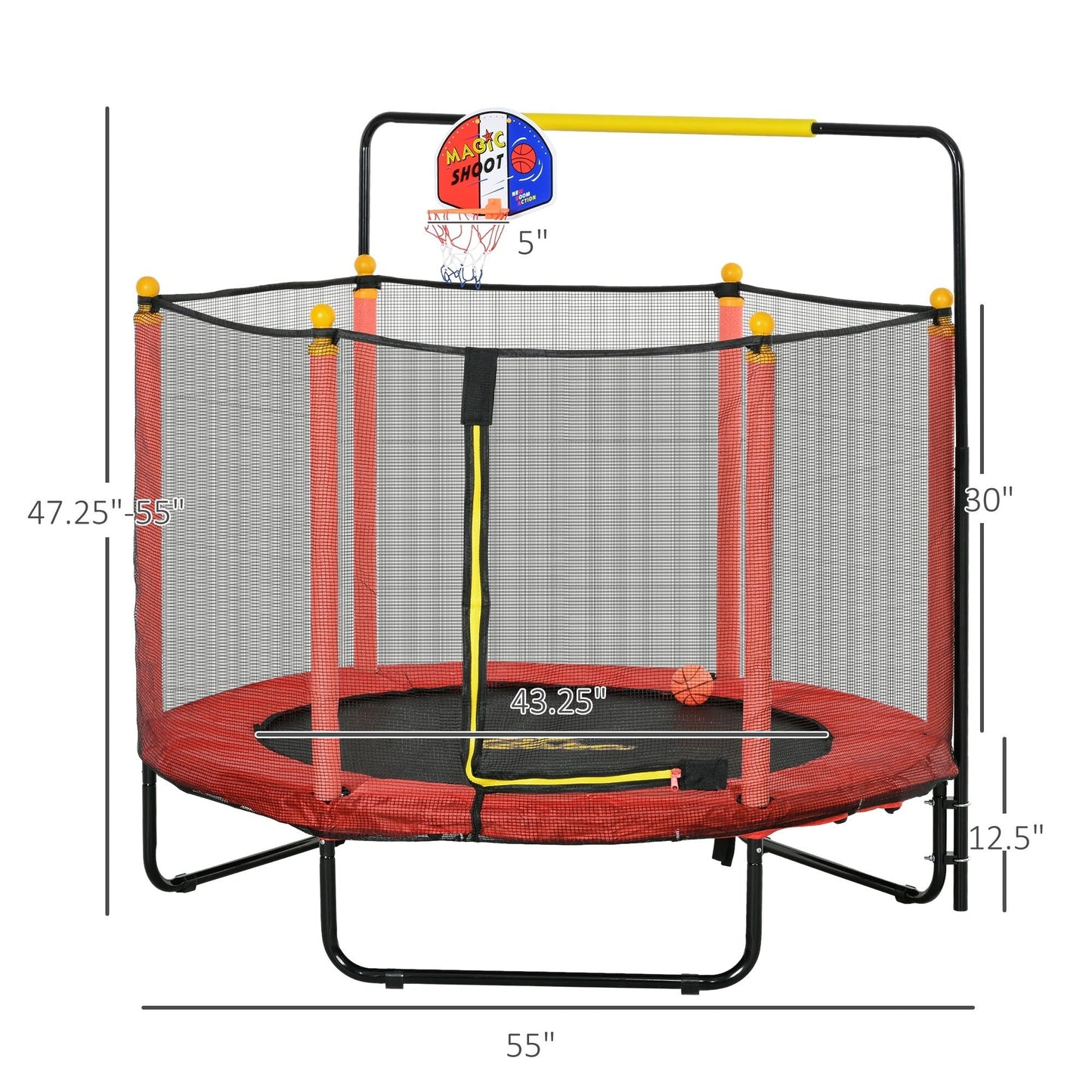 Qaba 4.6' Kids Trampoline with Basketball Hoop, Horizontal Bar, 55 Indoor Trampoline with Net