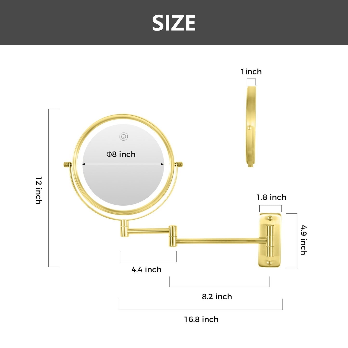 Miroir de maquillage mural rond de 8 pouces pour salle de bain, rechargeable, grossissement 1x/10x, 3 couleurs d'éclairage