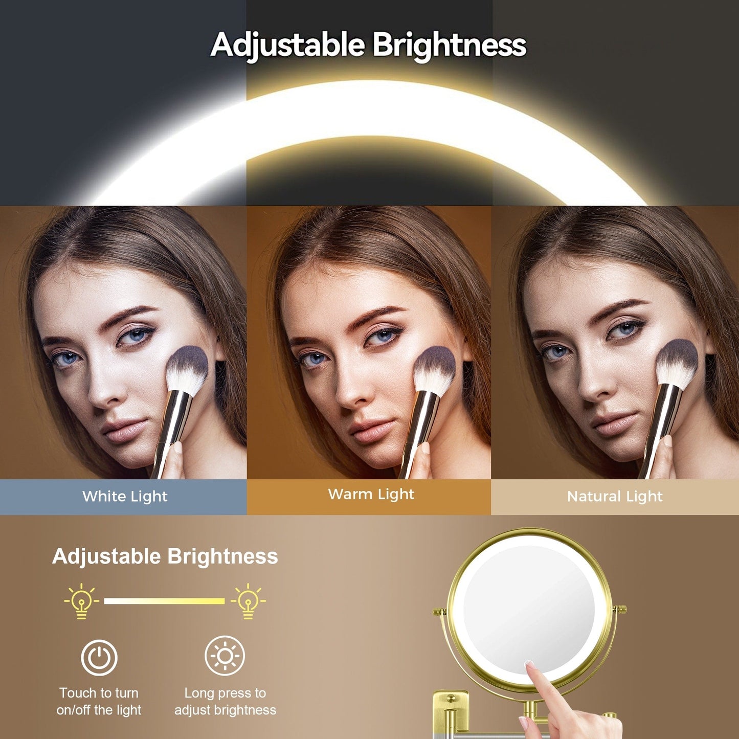 Miroir de maquillage mural rond de 8 pouces pour salle de bain, rechargeable, grossissement 1x/10x, 3 couleurs d'éclairage