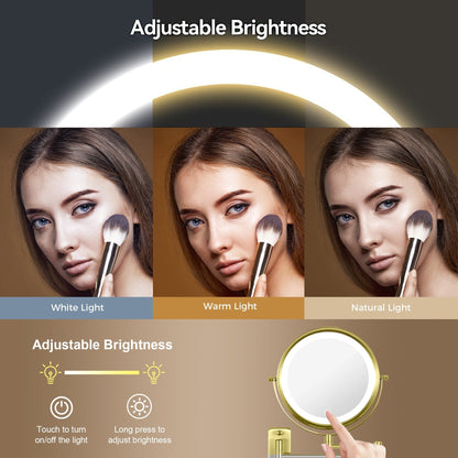 Miroir de maquillage mural rond de 8 pouces pour salle de bain, rechargeable, grossissement 1x/10x, 3 couleurs d'éclairage